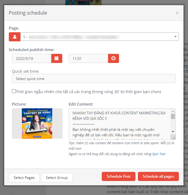 Hướng dẫn sử dụng phần mềm Auto Viral Content 47 Đặt lịch đăng bài cho Fanpage bằng Auto viral content