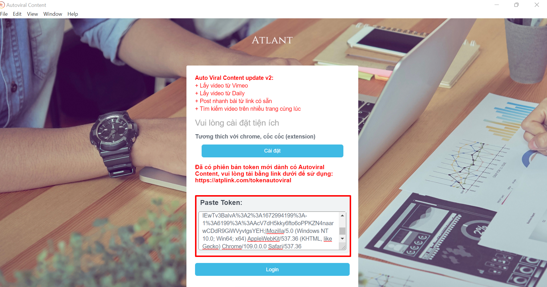 Hướng dẫn sử dụng phần mềm Auto Viral Content 32 Sau khi lấy được token, bạn dãn vào ô " Paste Token"
