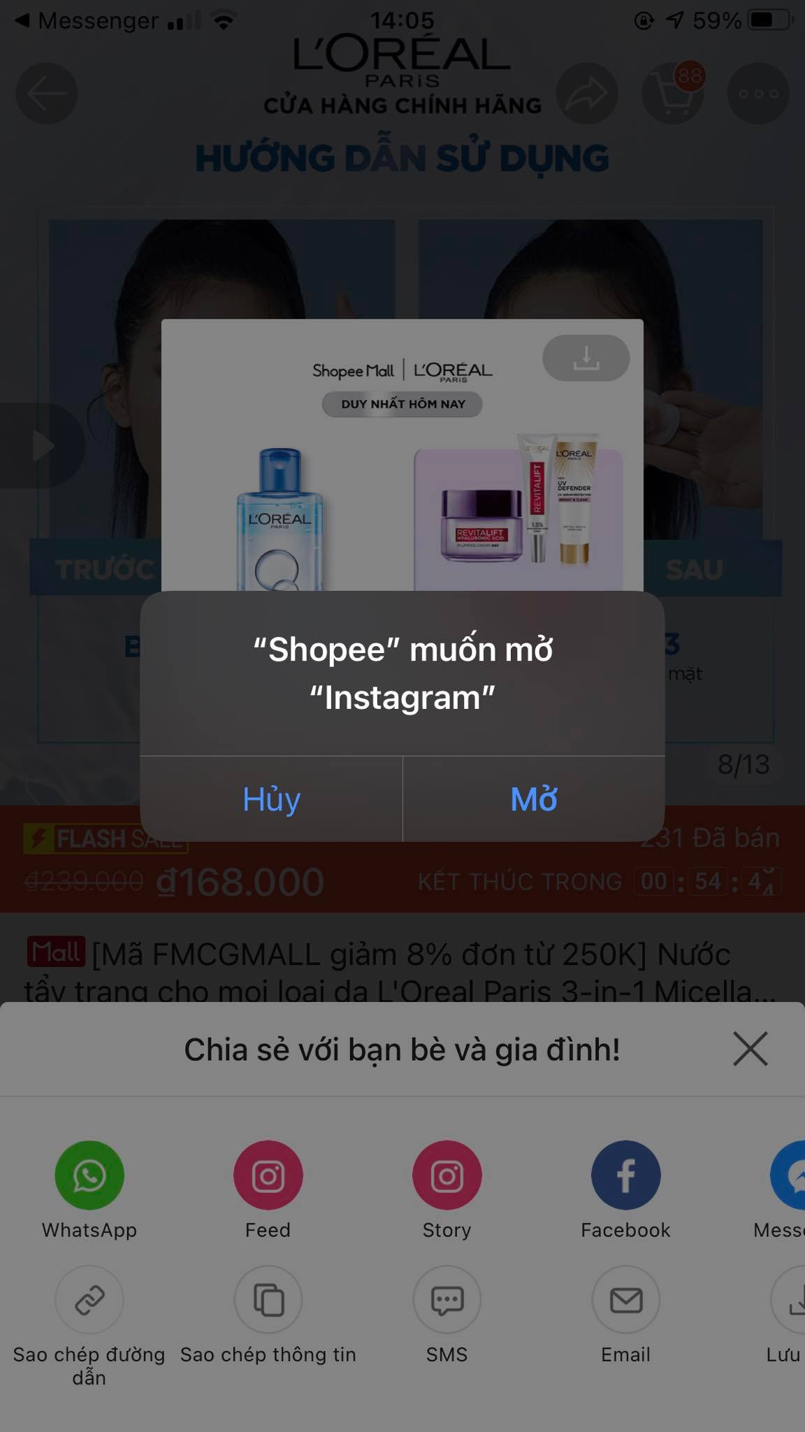 Chọn "Mở" tạo liên kết tài khoản Shopee và Instagram của bạn
