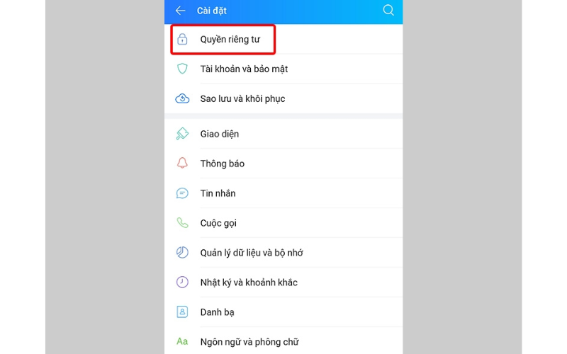 nhấn vào mục "Quyền riêng tư".