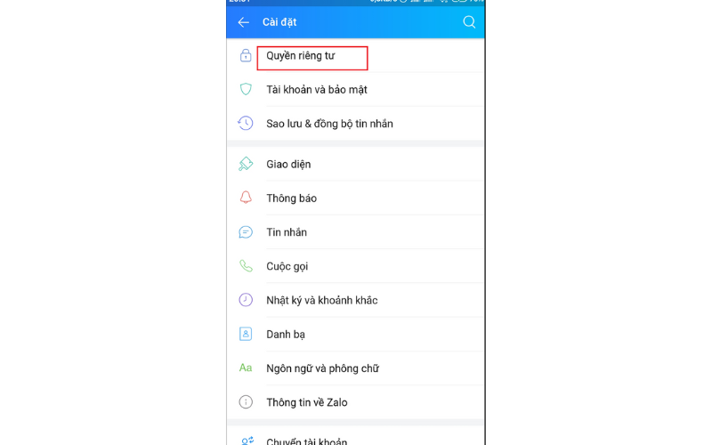 bấm vào mục "Quyền riêng tư"