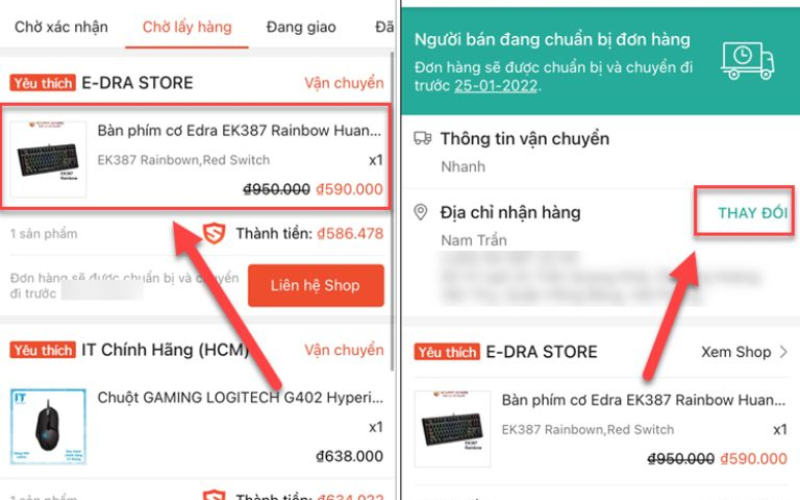 Chọn đơn hàng bạn muốn thay đổi địa chỉ.