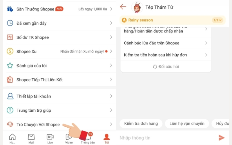 Chọn "Trò chuyện với Shopee".