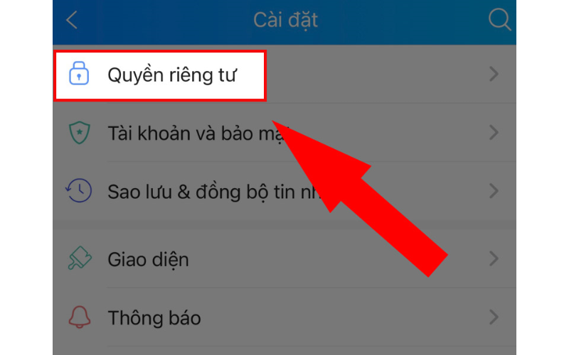 chọn mục "Quyền riêng tư".