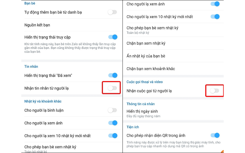 mục "Nhận tin nhắn từ người lạ".