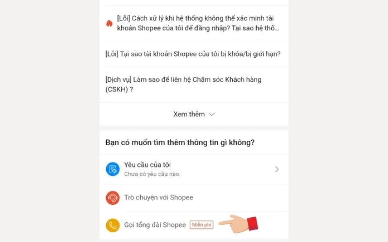 chọn mục Gọi tổng đài Shopee