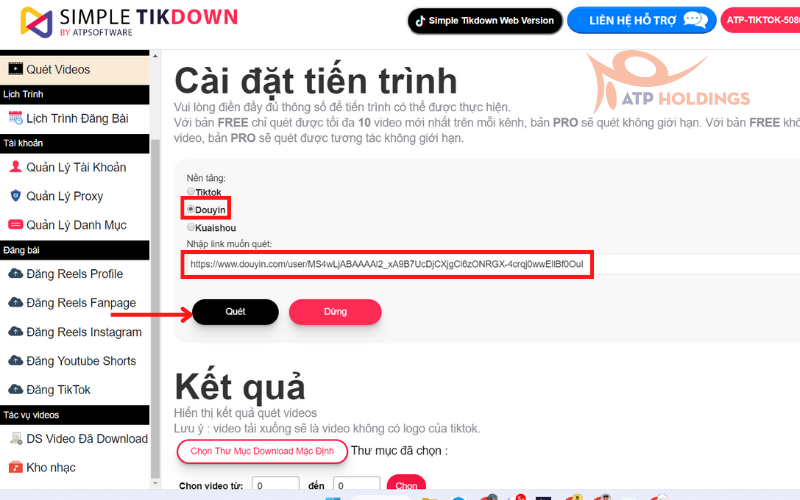 Dán link kênh Douyin muốn tải video