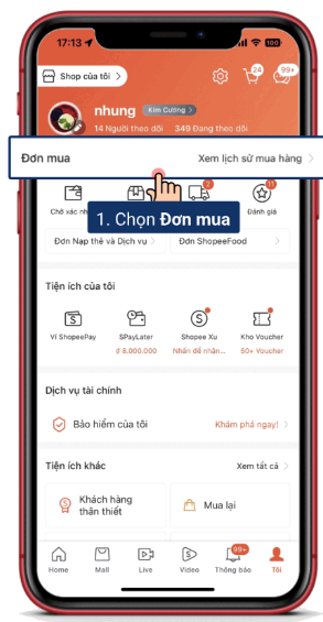 Vào mục Tôi > Chọn Đơn mua