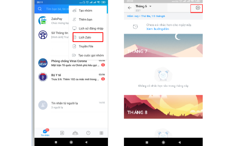 chọn mục "Lịch Zalo".