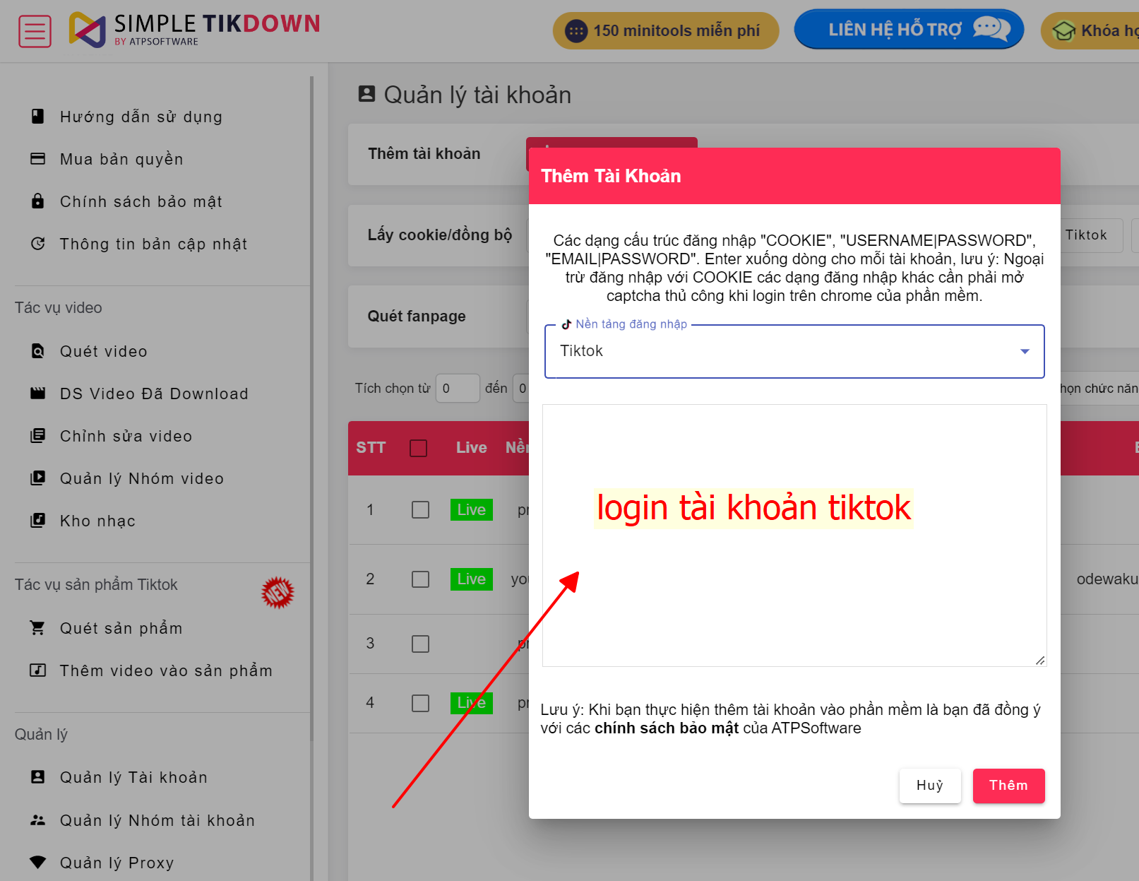 login tiktok vào tool