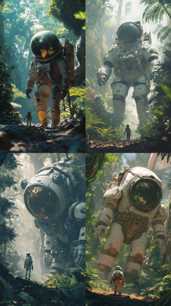 rank sss a giant spacesuit in the middel of a jungle and a sma a8401dc9 b728 4caf 85a4 1719e759be23