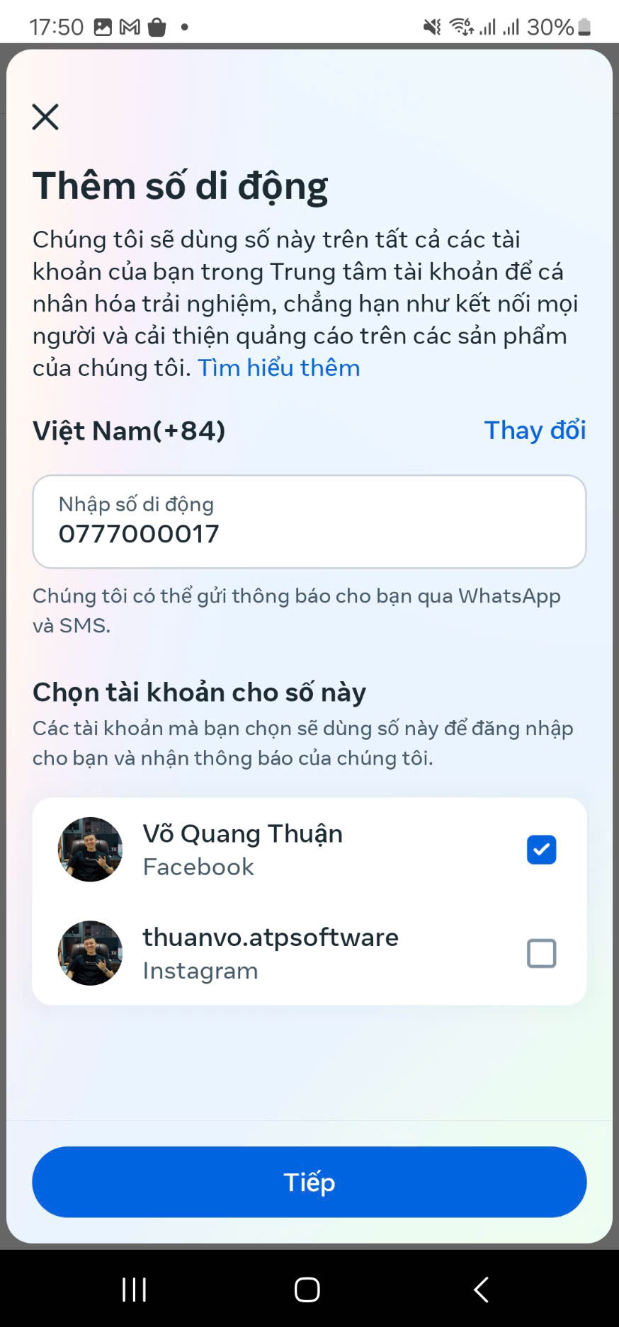 xac minh so dien thoai facebook tren dien thoai 9