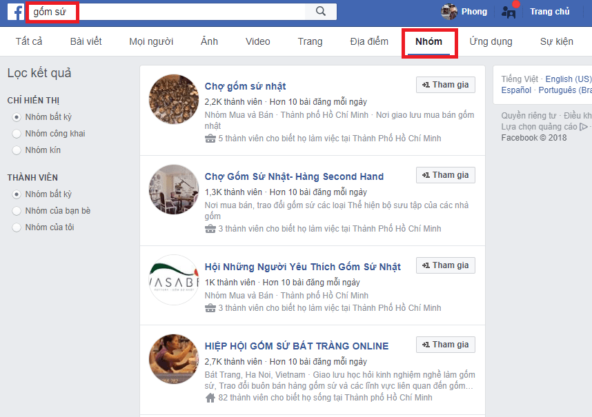 Tìm kiếm từ khóa trên ô tìm kiếm Facebook