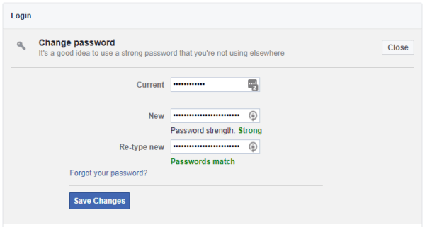 Màn hình thay đổi mật khẩu Facebook