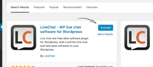 Activate LiveChat for WordPress to proceed