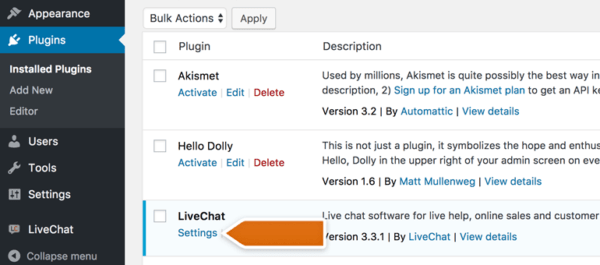 Enter Settings of LiveChat Plugin